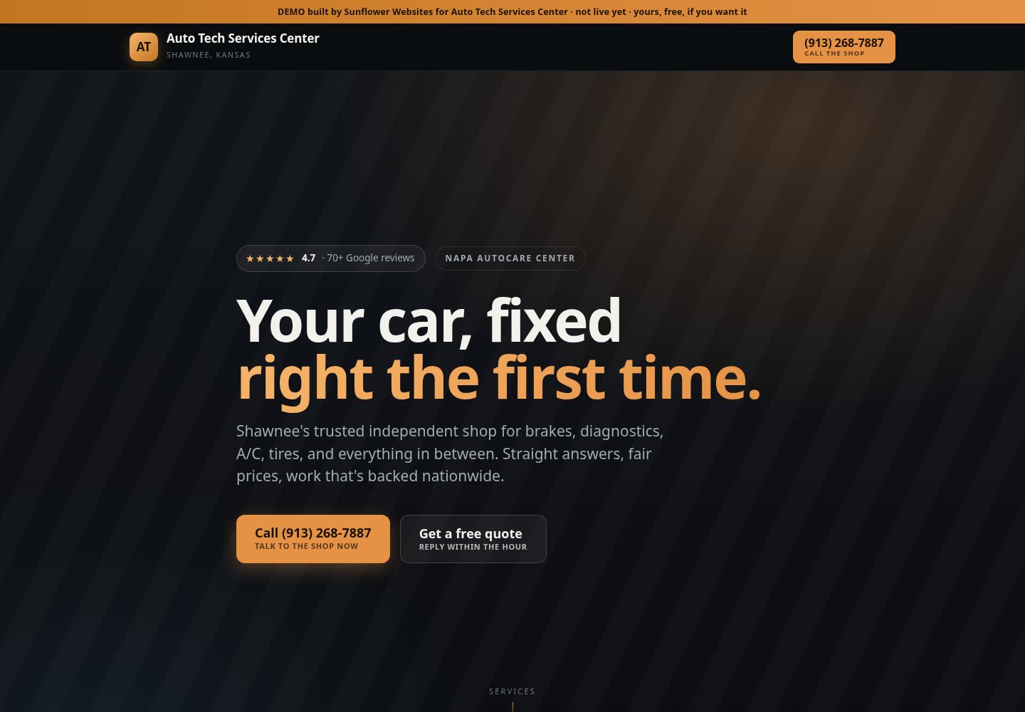 Auto Tech demo website showing its services, location, and appointment options